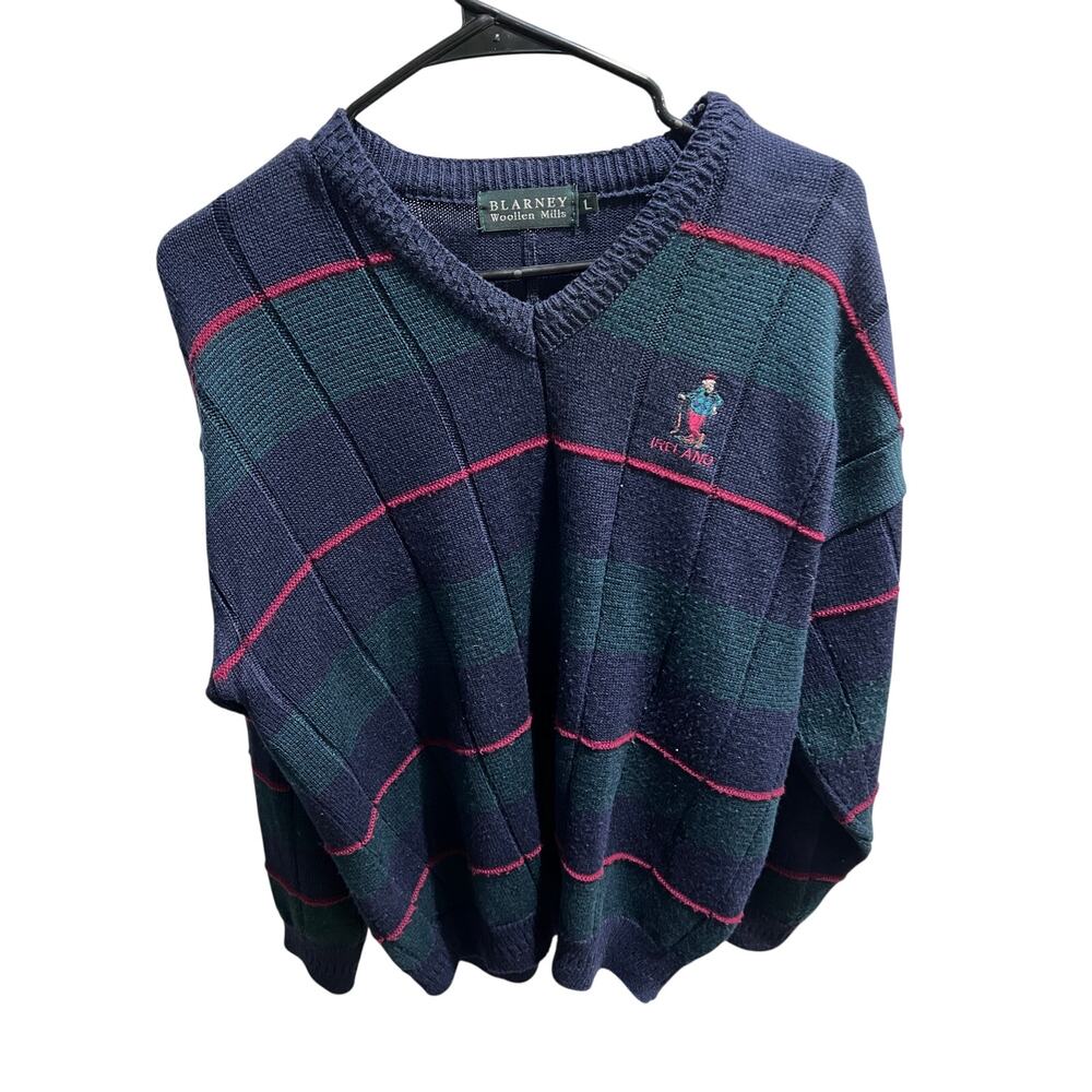 Blarney Woollen Mills Ireland Wool Sweater Men’s L Navy Green Check Golf VTG